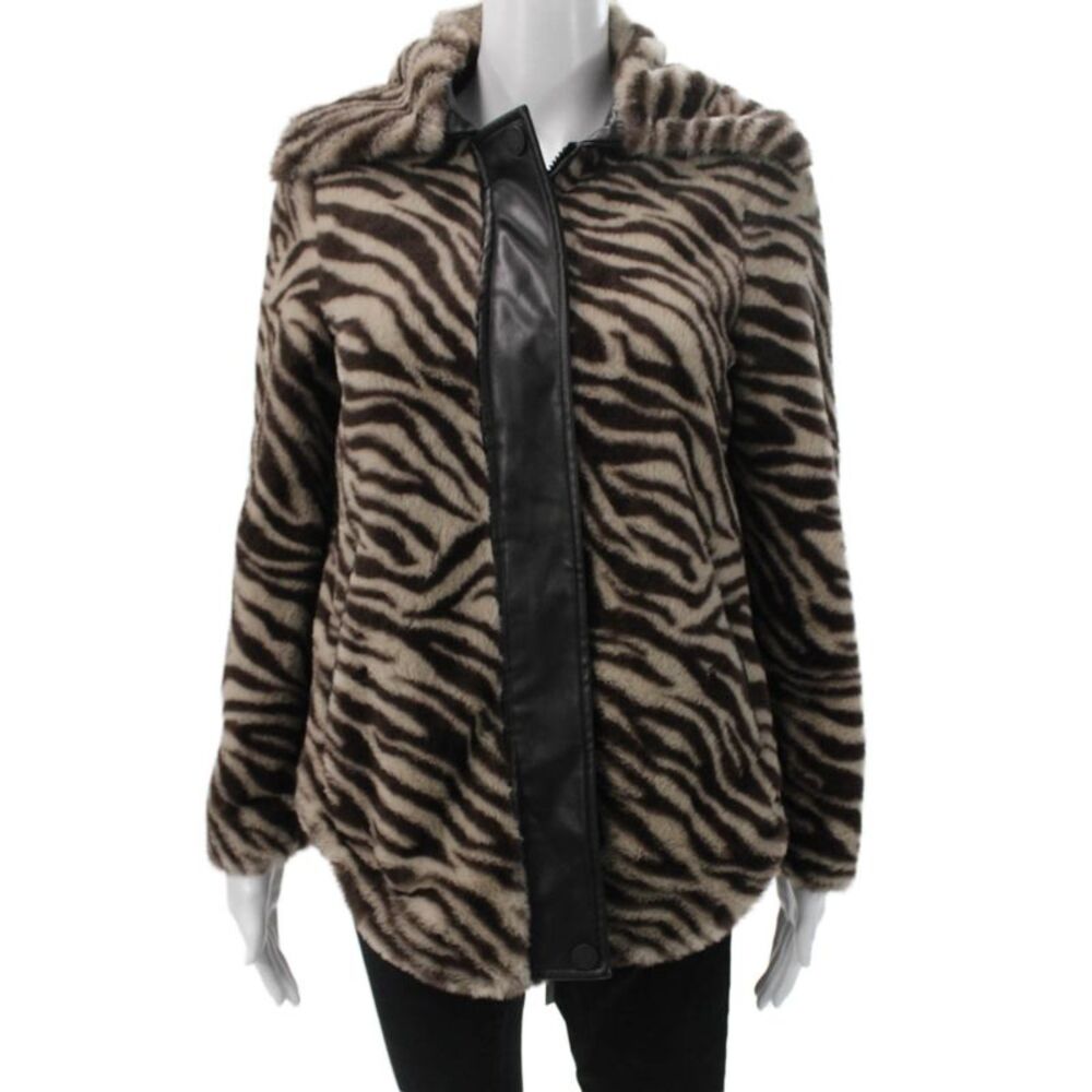 Purificacion Garcia Womens Basic Faux Fur Animal Print Jacket Brown Size XS